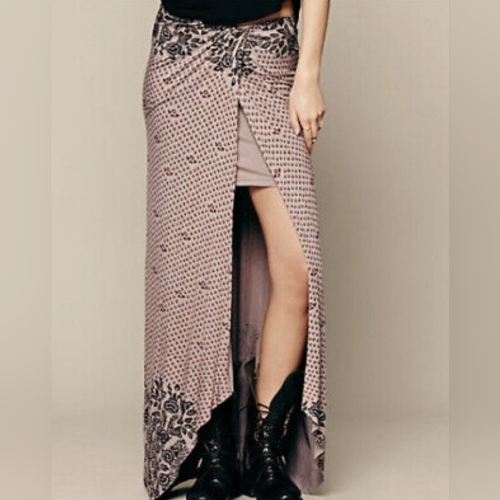 Free People Gray Print Slubby Column Hi-Low Wrap Skirt
